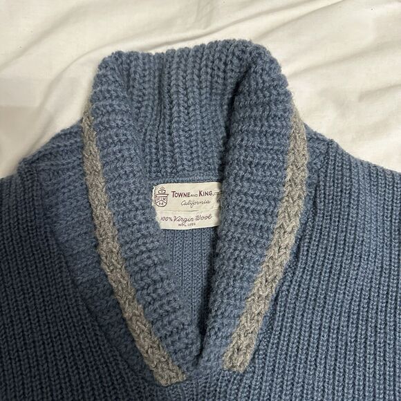 Vintage Wool Sweater Towne and King California Mens L V Neck Shawl Collar Blue - Picture 3 of 15